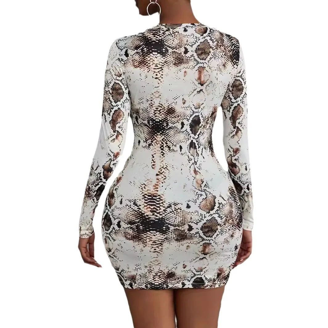 

Women's New Round Neck 3D Digital Printed Snake Pattern Long Sleeved Dress High Waist Tight Nightclub Dress