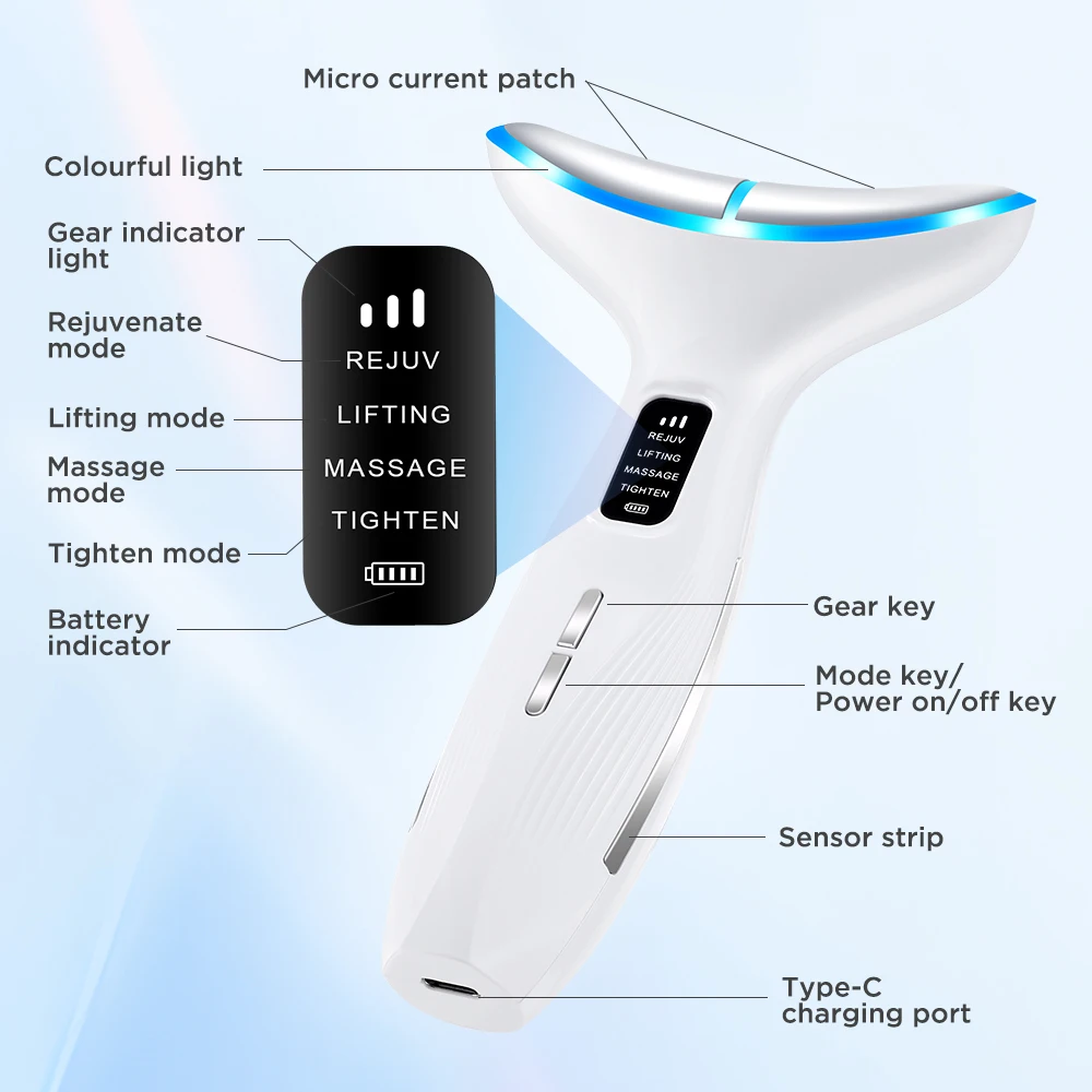 7 Colors LED Lights Face Neck Beauty Device Vibration Massage Improve Neck Lines Home Use Face Lifting Machine 7 Modes 3 Levels