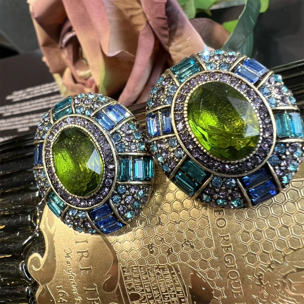 Temperament Vintage Green Glass with Rhinestone Earrings for womens girl  gift ear clip  jewelry Accessories