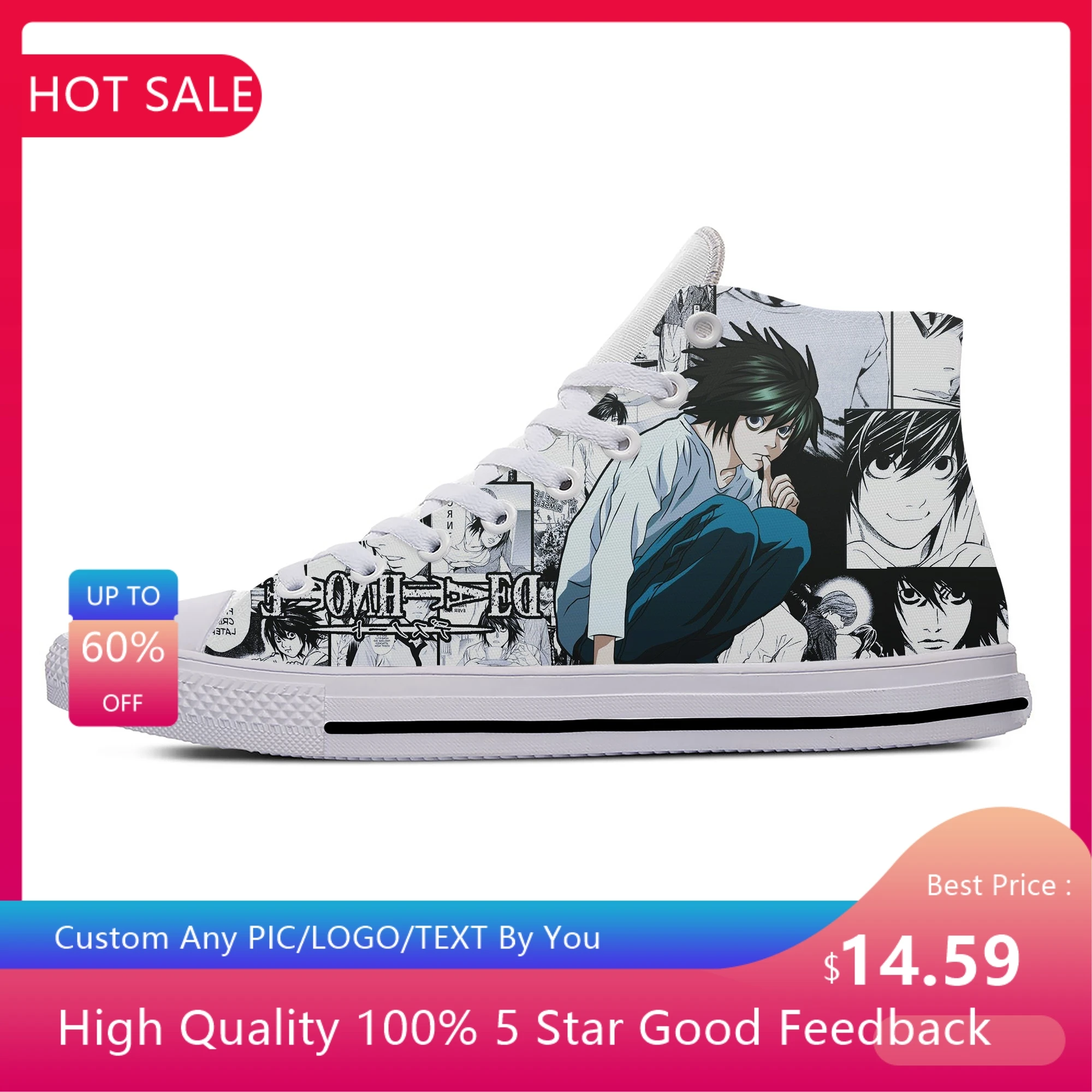 

Japanese Anime Manga Cartoon Death Note L Lawliet Casual Cloth Shoes High Top Lightweight Breathable 3D Print Men Women Sneakers