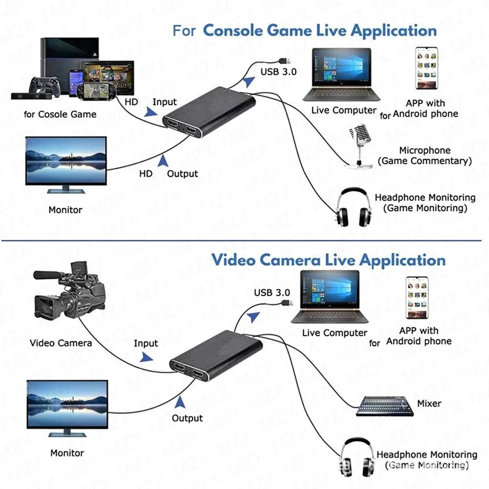 MZX 비디오 캡처 카드 박스, HDMI 호환, 4K, 30Hz, 60Hz, USB3.0, 1080P, 30fps, 60fps, HD 녹음기 그래버, OBS 캡처 게임 오디오 마이크