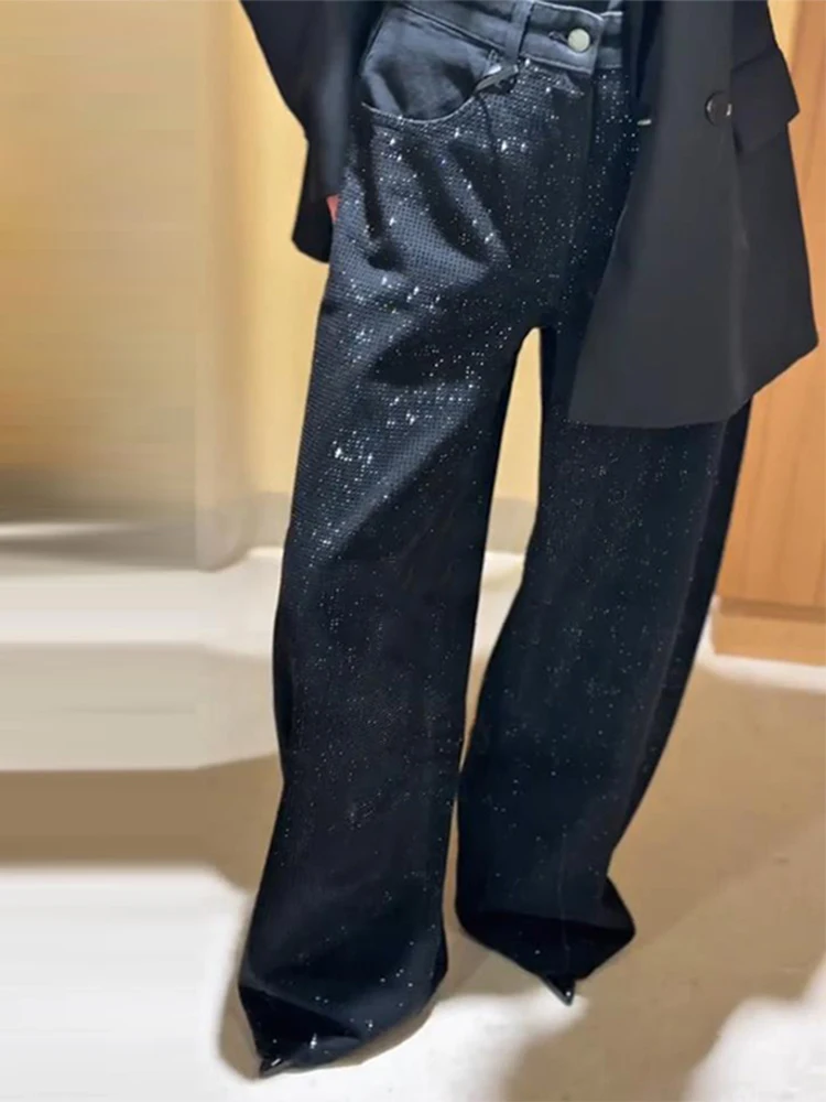 Y2k – pantalon en Denim pour femmes, strass brillants, jambes larges, droit, plein de diamants, pour traînant, vêtements d'extérieur de rue