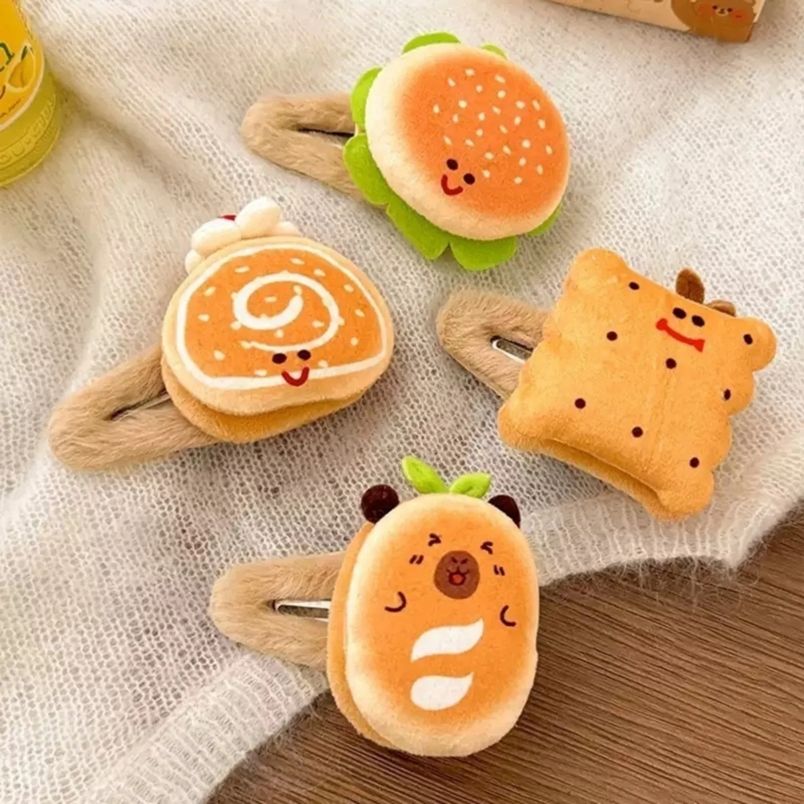 1/4PCS Plush Food - Themed Hair Clips Set, 4- Piece Bread, Burger & Pastry Designs, Cute Hairpins for Kids' Hairstyles