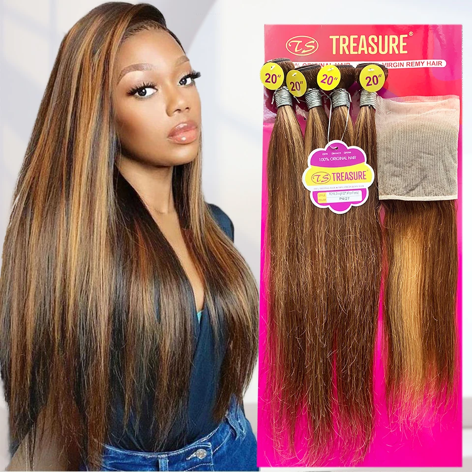 Highlight Hair Brazilian Remy Hair With 13X4 Lace Frontal Straight Bundles With Lace Closure P4/27 Straight Blonde Bundles