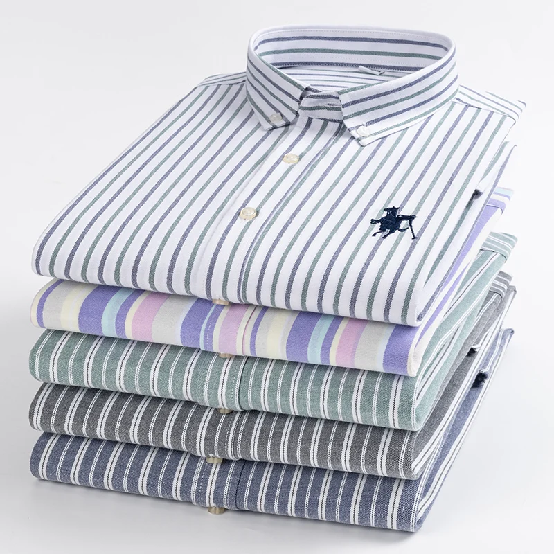 

S~6XL Men's Long Sleeve Striped Plaid Casual Shirt Cotton Oxford Shirt Men's Pocket Regular Fit Button Work Shirt