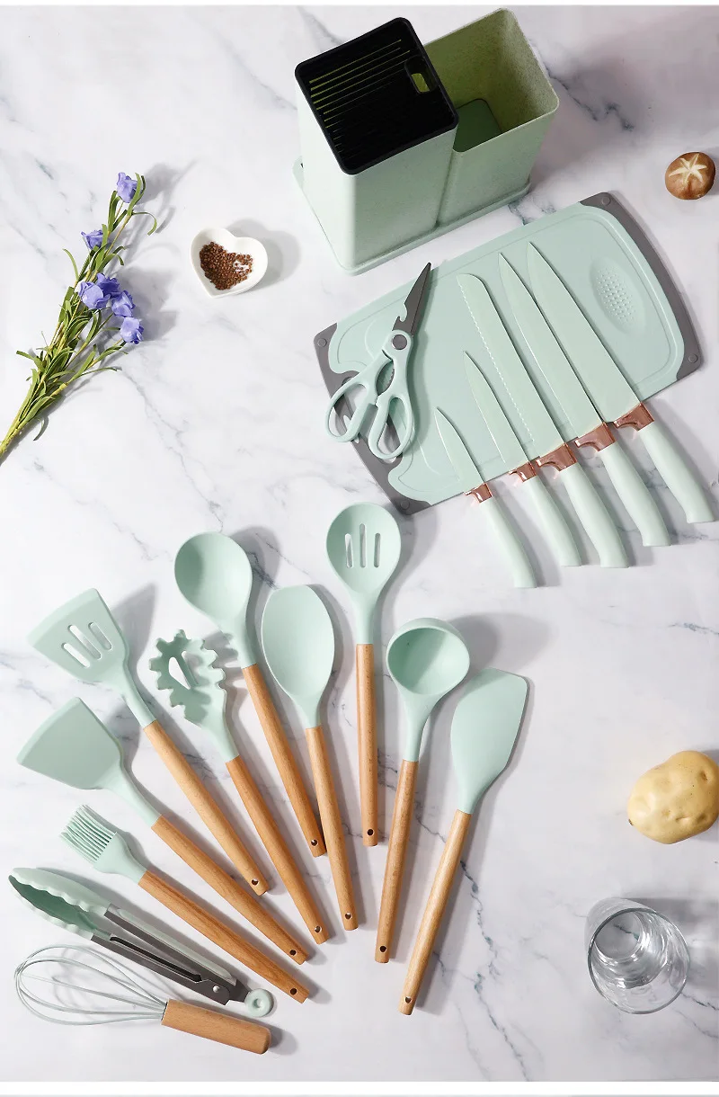 Ensemble d'Ustensiles de Cuisine en Silicone avec Manche en Bois