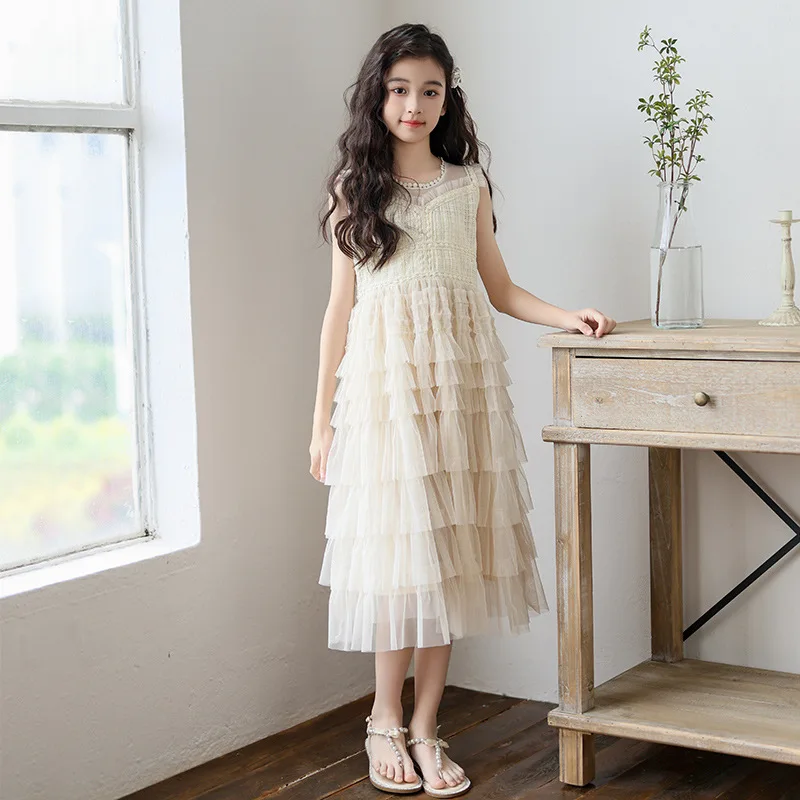 Tulle Tiered Dress for Girls 2025 New Summer Sleeveless Vest Princess Dress Daily Party Holiday Beige Teenage Children Clothes - Image 5