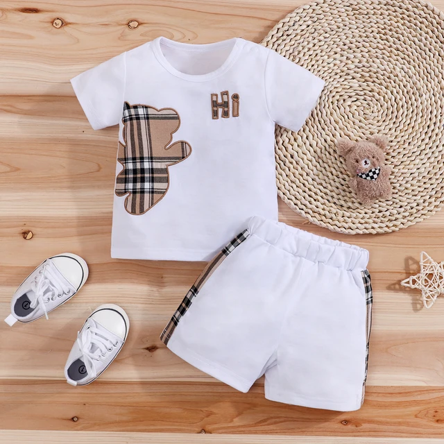 2 pièces IURNXB bébé vêtements ensemble infantile à manches courtes t-shirts + Shorts dessin animé à carreaux ours imprimé mignon enfants hauts pantalons costumes décontractés 3-24M 1