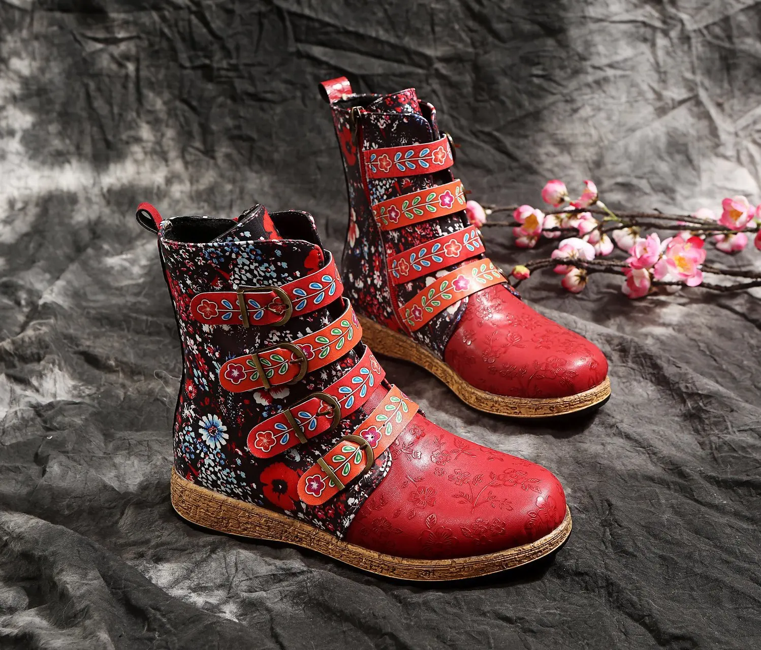 

New Retro Print short Boots Female British Style Short Boots Female High-top Thick-heeled Plus Size Fashion Boots for Children