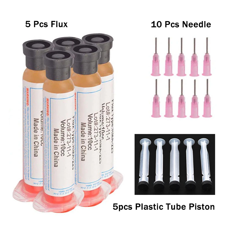 5Pcs 10cc Solder Soldering Paste Flux Grease with 10pcs Needle RMA223 RMA-223 for Chips LED BGA SMD PGA PCB DIY Repair Tool rosin paste flux Welding & Soldering Supplies