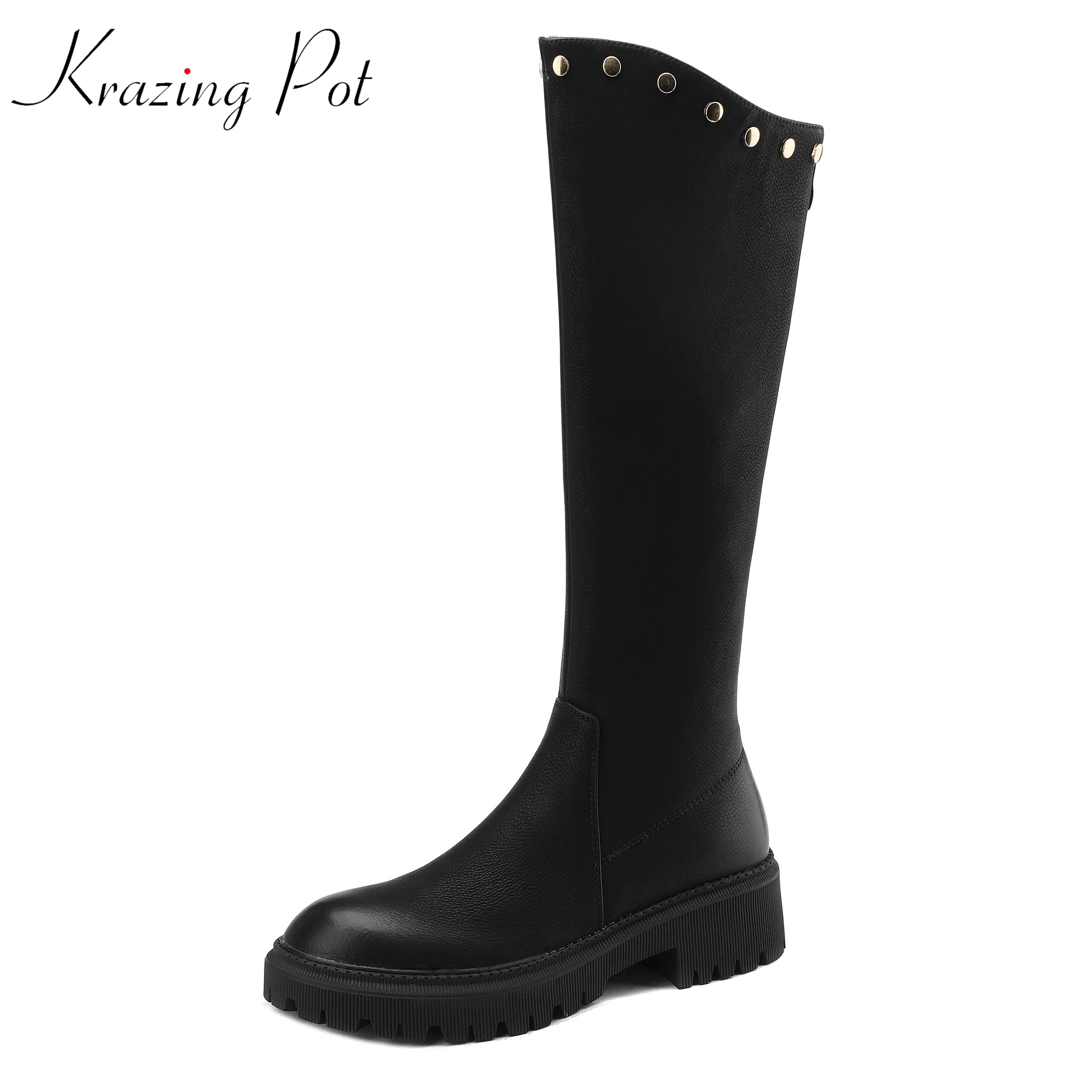 

Krazing Pot New Cow Split Leather Round Toe Med Heel Riding Boots Kpop Style Rivets Thick Bottom Zip Large Size Thigh High Boots