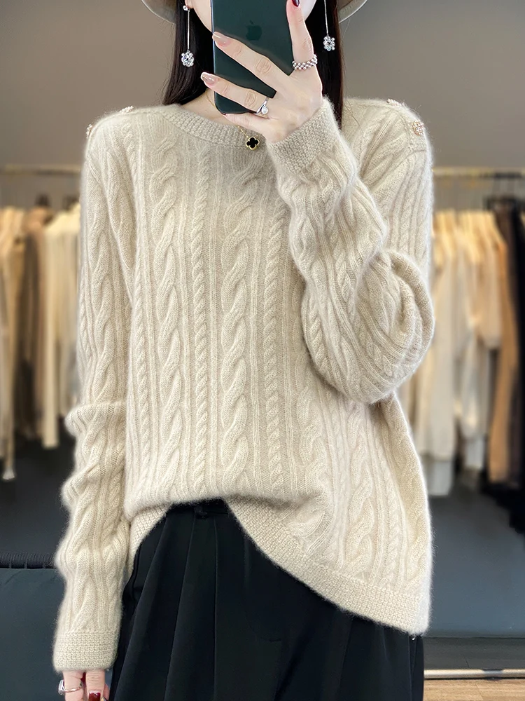 

WomenSweater 100% Australia Wool O-neck Pullovers Long Sleeve Warm Outerwear Knitted Jacquard Jumper Cashmere High-grade Fashion