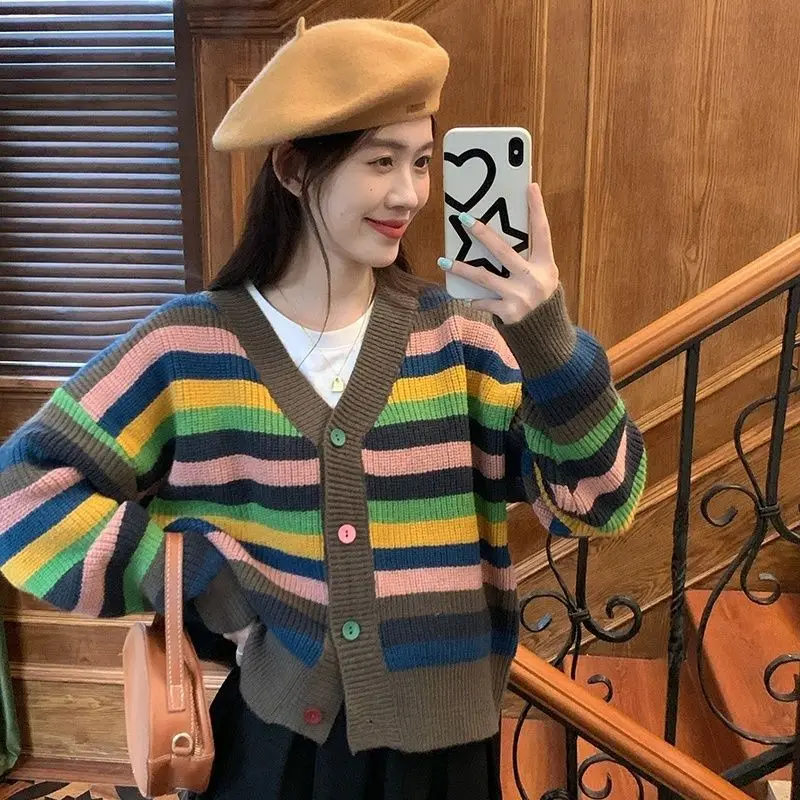 

Cardigan V-neck striped top design sense niche short knitted cardigan sweater jacket for women autumn and winter sweater female