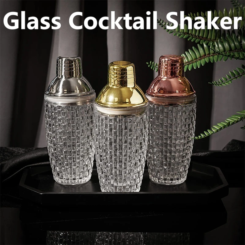 Glass Cocktail Shaker Kit Crystal Cocktail Shaker, 17oz Martini Shaker with Leakproof Metallic Steel Lid&Strainer for Home
