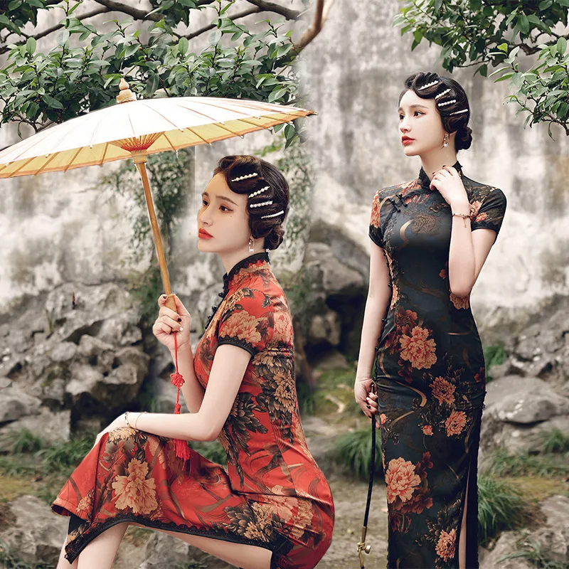

Summer 2023 Long Improved Cheongsam Female Elegant Retro Performance Qipao Traditional Chinese Style Evening Dress for Women