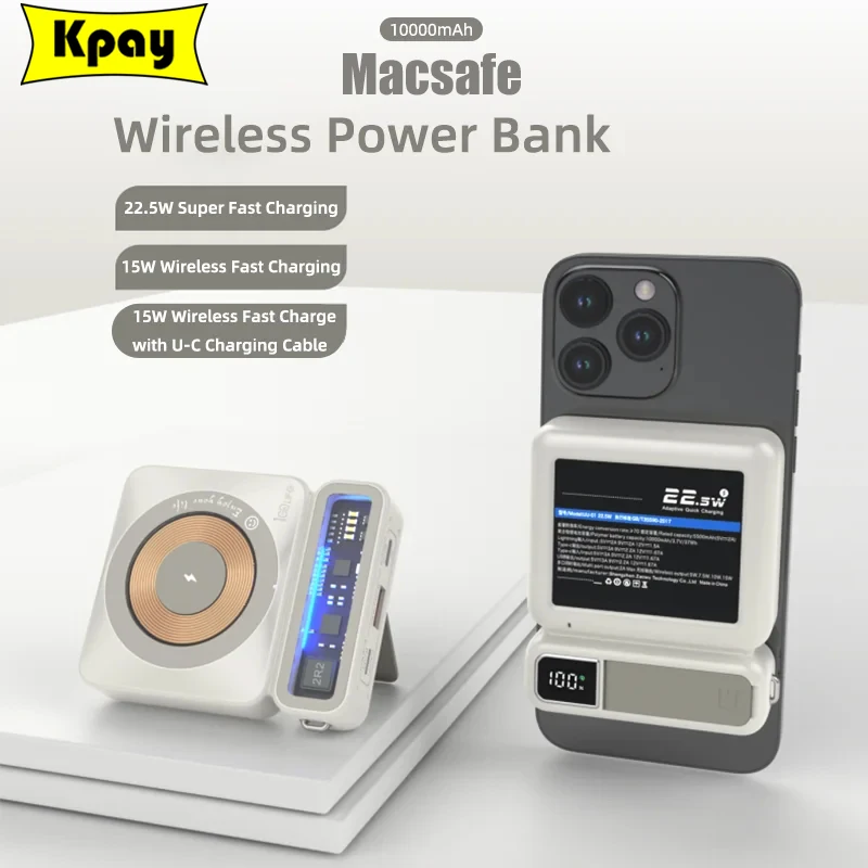 

New Retro With Stand Macsafe Power Bank 10000mAh 15W Portable Magnetic Wireless Charger For iphone Xiaomi External Spare Battery
