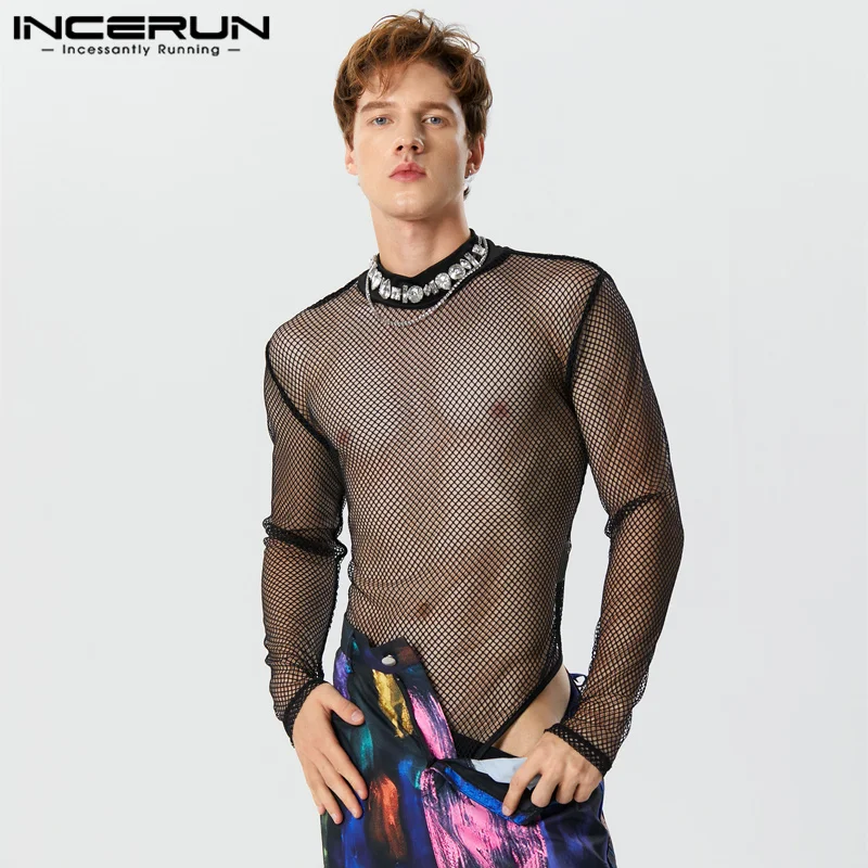 

2023 Men Bodysuits Mesh Transparent Turtleneck Long Sleeve Streetwear Fashion Male Rompers T Shirts Sexy Bodysuit S-5XL INCERUN