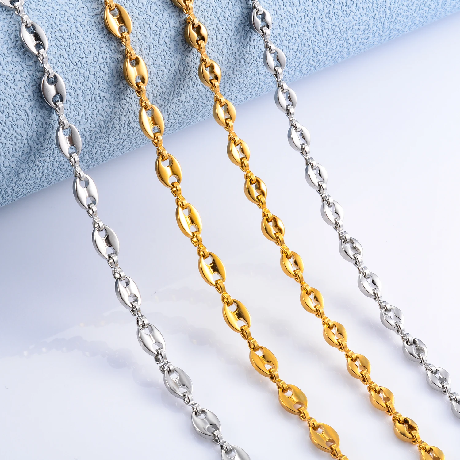 스테인레스 스틸 커피 콩 체인, 골드 실버 컬러 목걸이, 돼지 코 팔찌, 펑크 힙합 패션 주얼리, 5mm, 4.5mm