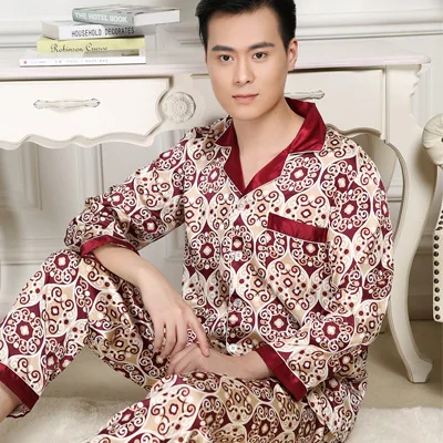 satin pajamas Pajama Set High Quality Silk Pajama for Men Sleep Tops Trousers Two Pieces Long Sleeved Sleepwear Satin Set Plus Size Pyjamas plaid pajama pants Men's Sleep & Lounge