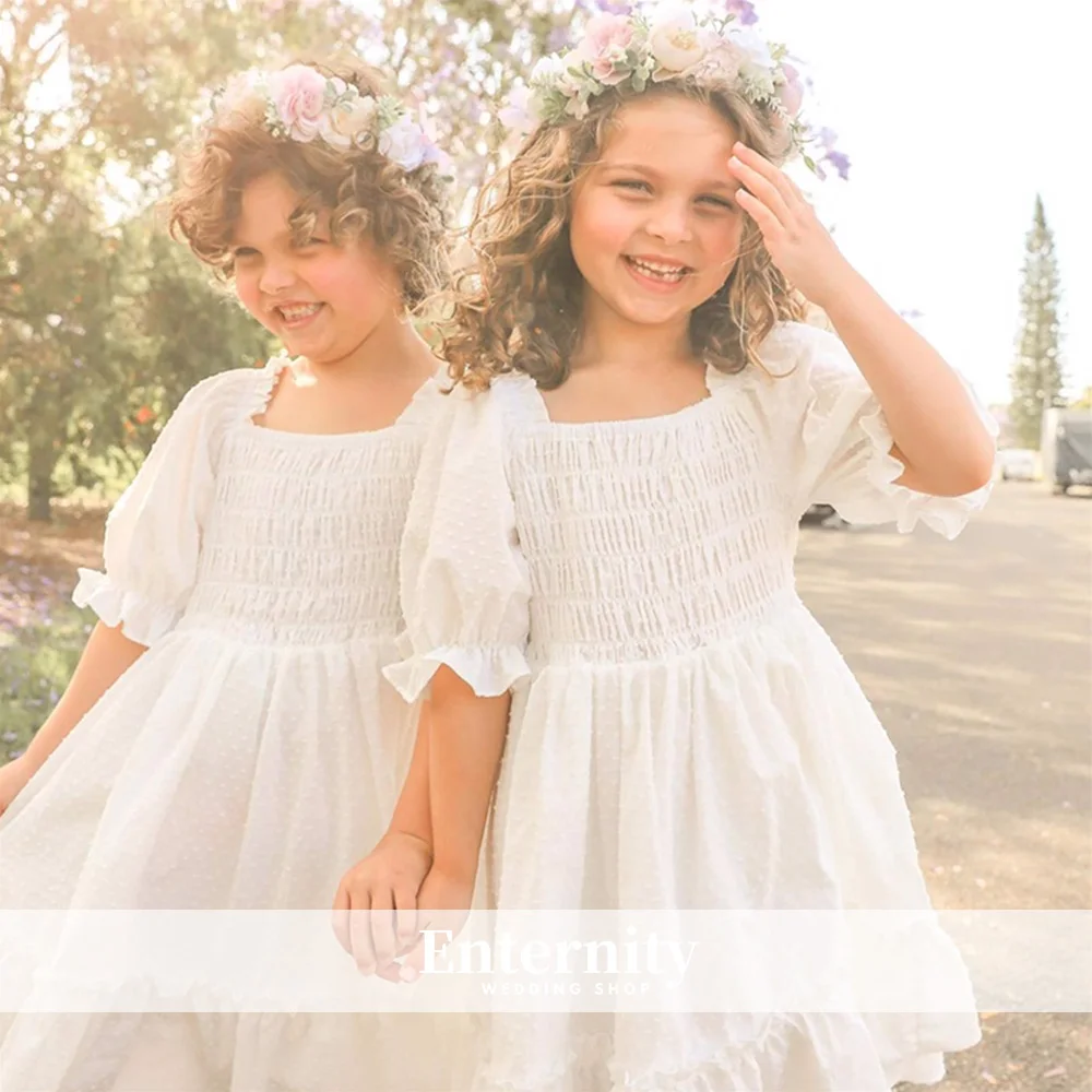 Princess Girls Dress A-line Puff Sleeve Smocked Floral Demure Flower Girl DressKnee-length Ruffle Pastoral Vestidos Para Niñas