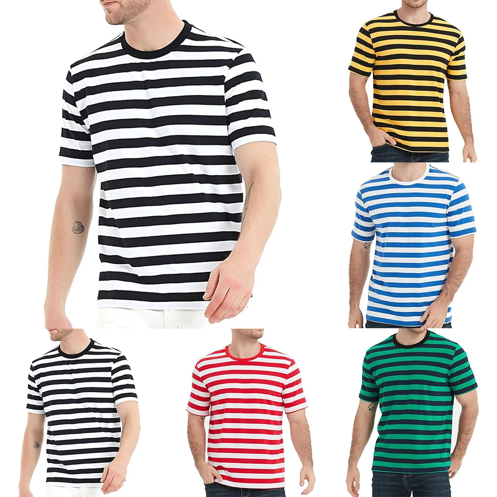O Neck Top T Shirt Slight Stretch Striped Summer Black T Shirt Blue Casual Yellow Casual Top Daily For Vacation