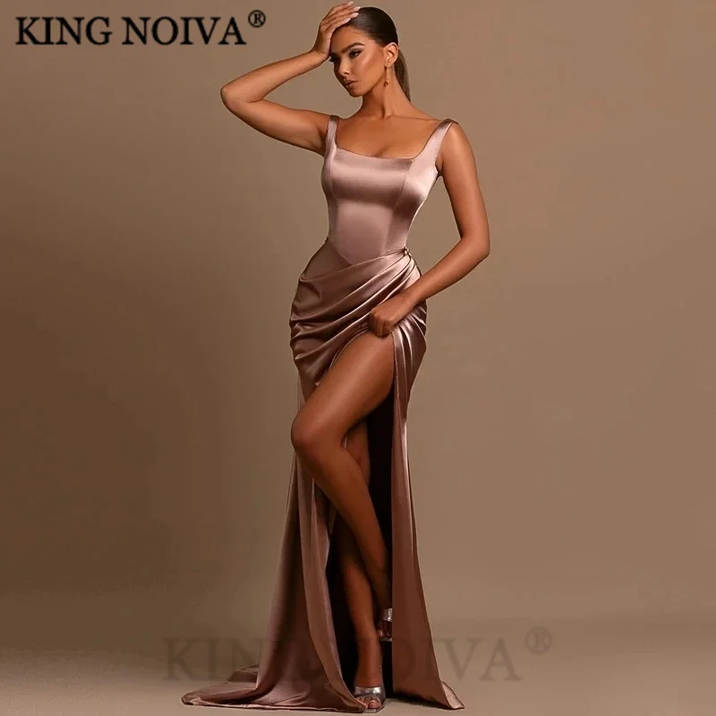 

KING Simple Smooth Satin Spaghetti Strap Evening Dresses Sexy Side Slit Sleeveless Floor Length Prom Dress vestidos de noche