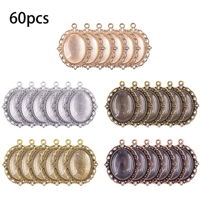 Y4QE 60 Pcs Pendant Trays Metal Flat Pendant Blank Trays Bezel Oval Base Setting Pendant for DIY Jewelry