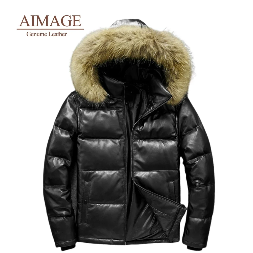 

Winter Men Sheepskin Leather Jackets Stand Collar Genuine Lambskin White Duck Down Zipper Coat Hooded Mans Clothing PY469