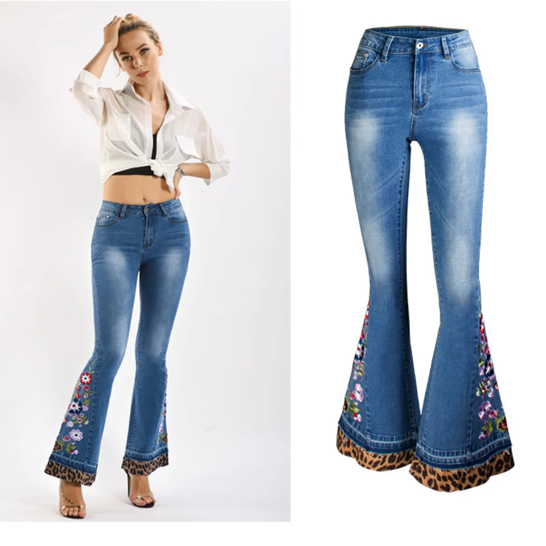 

Women's Bell-bottoms Embroidered Leopard Print Denim Wide Leg Trousers