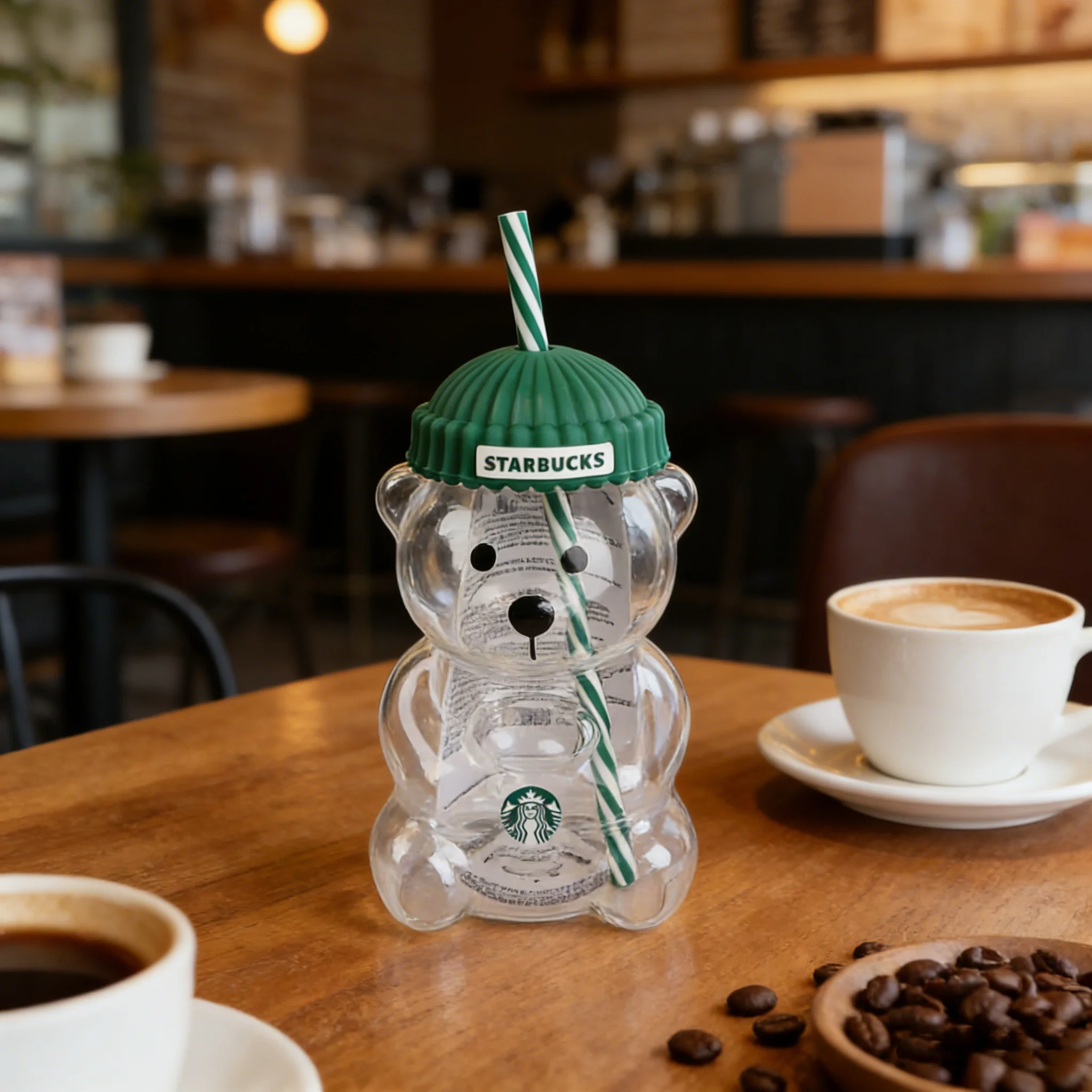 Cozy Home Café Bearista Bear Glass Tumbler with Green Lid & Straw, 591ml