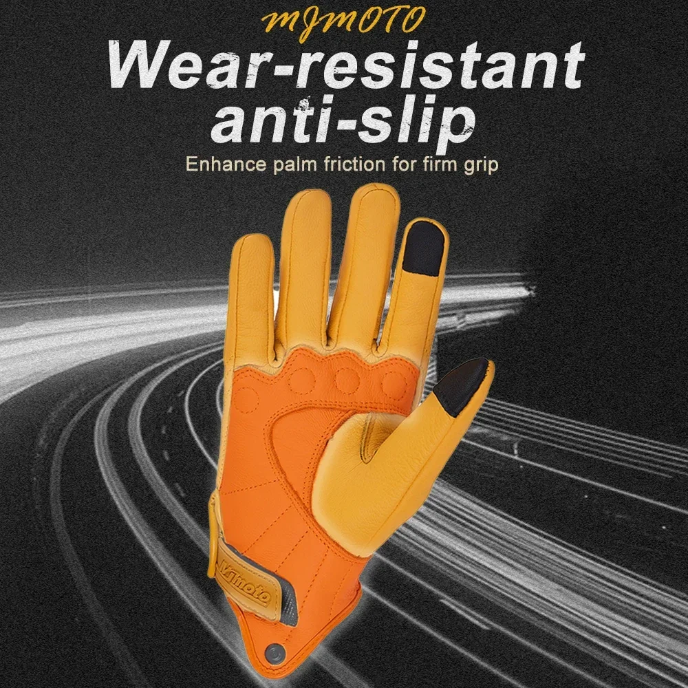 Retro Yellow Leather Motorcycle Gloves Vintage Men Motorbike Racing Gloves Touch Screen Breathable Moto Biker Motocross Gloves 5