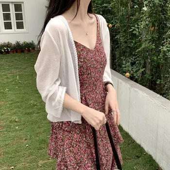 여성용 흰색 크롭 가디건, 짧은 메쉬 오픈 스티치 가디건, 얇은 해변 크롭탑, 패션, 2024 용수철, 여름