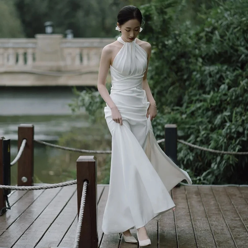 

Elegant Halter Neck Elegant Soft Satin Sheath Simple Journey Sweep Train Sleeveless Backless 웨딩드레스 Wedding Dress Gown Bridal