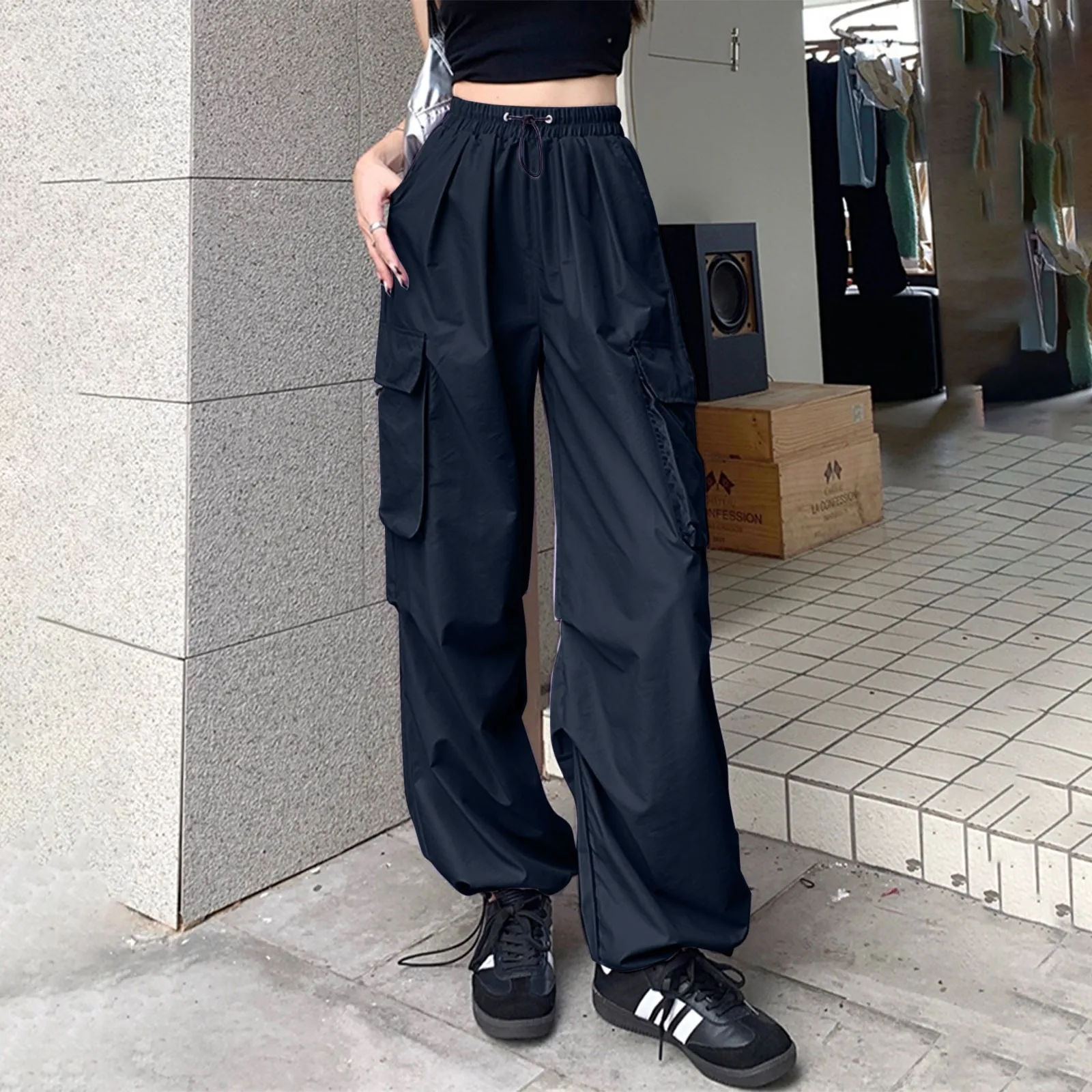 Y2K Cargo Pantalon Femmes Streetwear Surdimensionné Jambe Large Pantalons De Survêtement Harajuku Grandes Poches Joggers Bf Taille Haute Baggy Sport Pantalon