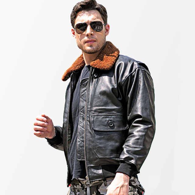 Black Spring Men’s G1 Pilot Jacket Military Style Natural Sheepskin Autumn Aviation Genuine Leather Coats