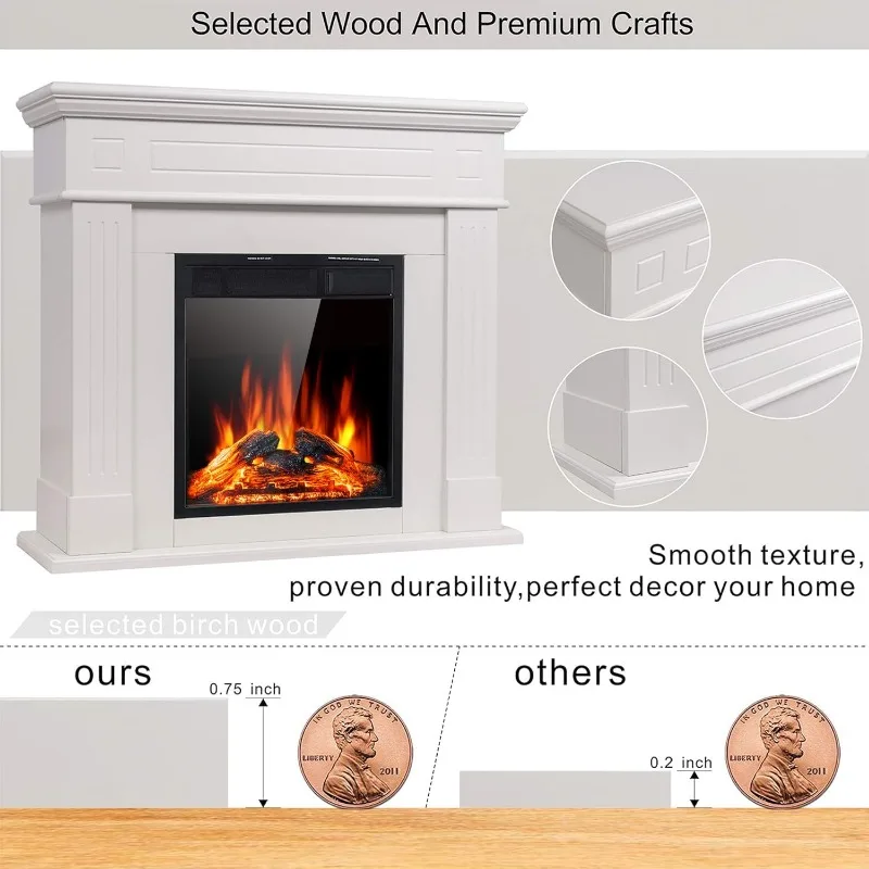 Electric Fireplace Mantel Package Wooden Surround Firebox TV Stand Free Standing Electric Fireplace Heater with Logs, 3