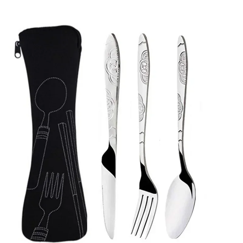 Western Style Cutlery Set 3-piece Stainless Steel Western Style Steak Knife Fork Spoon Creative Cloth Bag Portable Western Style Tableware Set