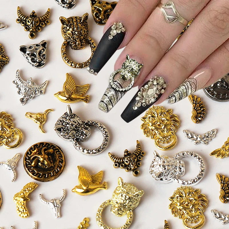 

100pcs Retro Punk Nail Charms Alloy Peace Pigeon Wings Nail Art Charms Jewelry Leopard/Bull/Sheep Animal Head Charms for Nails