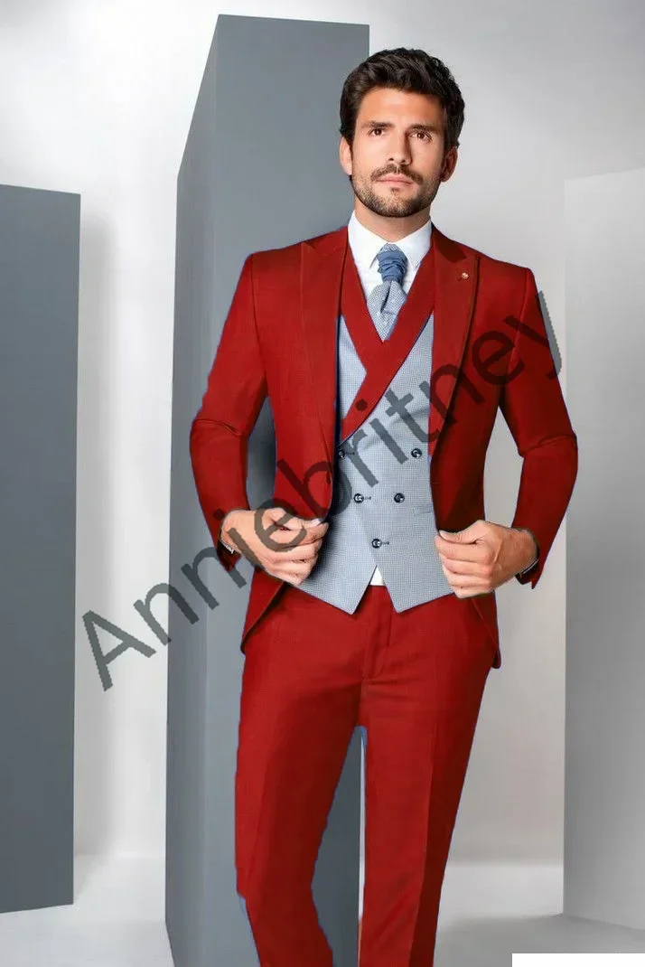 Description Picture 4 of item2024 Blue Green Fashion Men Suits Smart Casual Slim Fit Blazers Hombre Business High Quality Custom 3 Piece Set Costume Homme