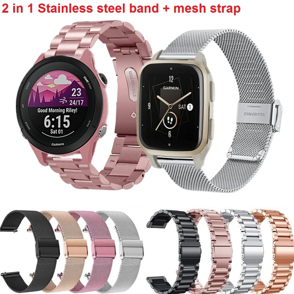 

2in1 Metal Band Stainless Steel Strap For Garmin Vivoactive 3/4 Venu Sq 2 Mesh Loop Bracelet For Forerunner 255 Approach S12 S42