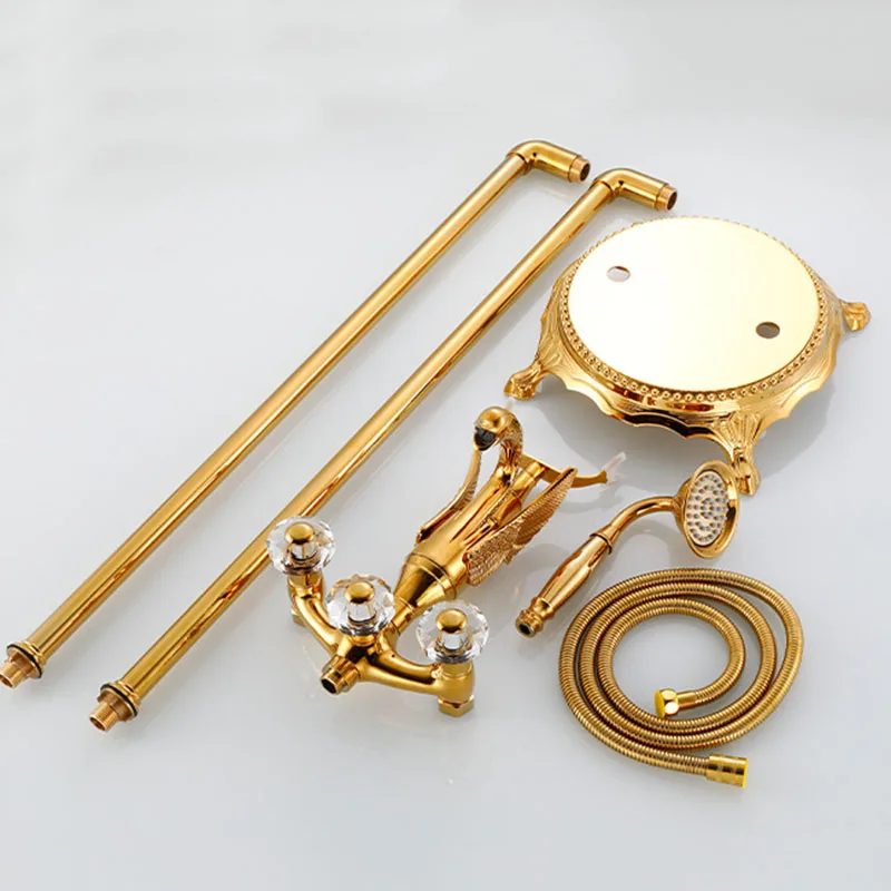 KEMAIDI Retro Freestanding Bath Shower Set Bathroom Shower Faucet Set Swan Design Faucets Mixer with Crystal handwheel Hot Cold 5