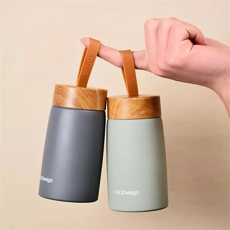 이중 벽 절연 보온병 304 스테인레스 스틸 진공 플라스크 야외 휴대용 280ml 나무 워터 컵 미니 진공 물병