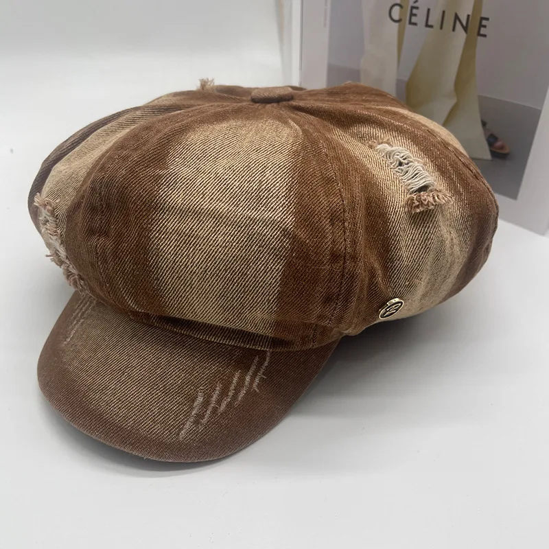 Women's Vintage Newsboy Cap Gradient Color Cotton Flat Cap with Curved Brim Trendy 8-Panel Design Adjustable 56-58cm