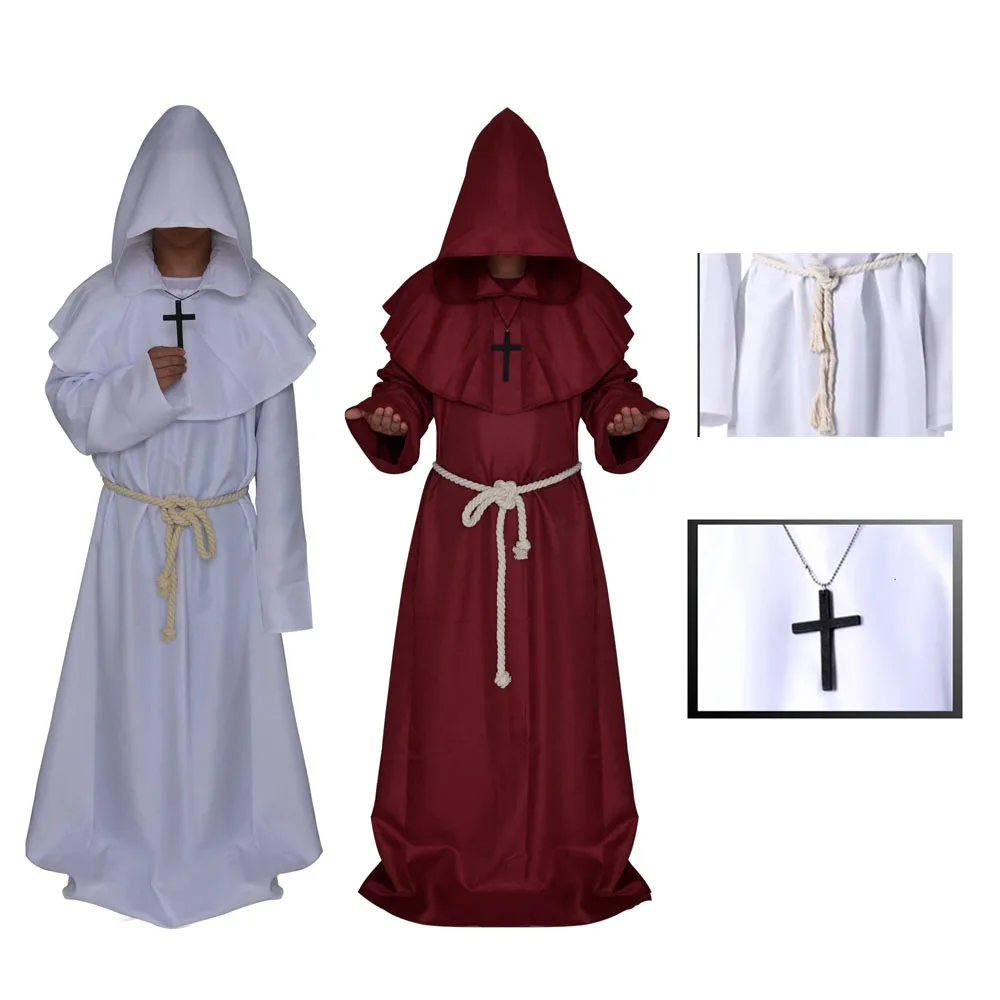 

Medieval Monk Suit With Cross Belt Christian Friar Priest Robes Halloween Death Ghost Vampire Devil Witch Wizard Cloak Cape