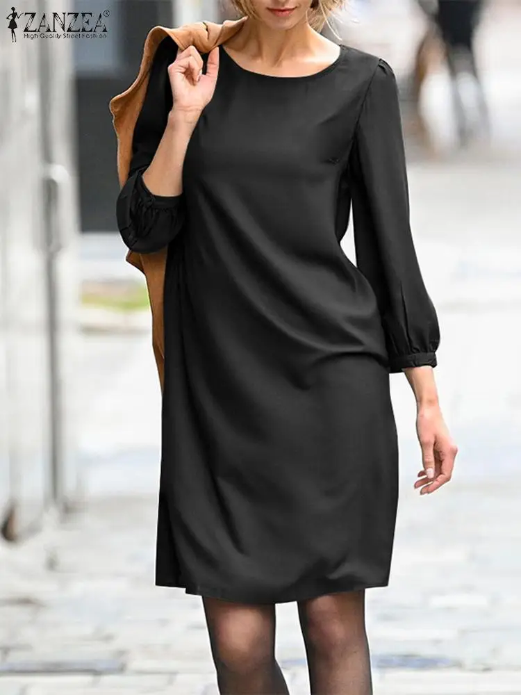 

ZANZEA Women Round Neck Straight Dress Simple 2023 Summer Solid Color Everyday Mini Dresses Leisure Casual A-line Short Vestidos