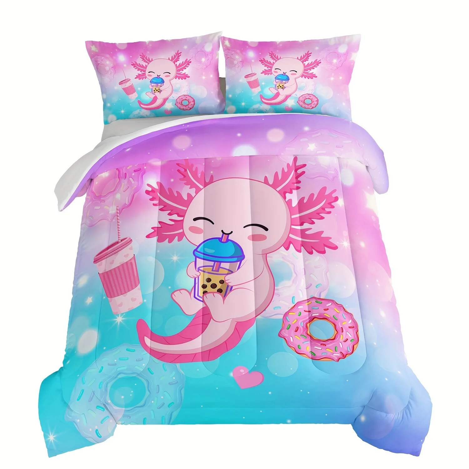 

3pcs Fashion Comforter Set (1 * Comforter + 2 * Pillowcase, No Core), Cute Salamander Dessert Milk Tea Print Bedding Set, Soft A