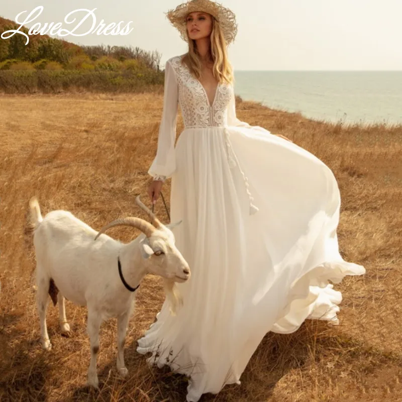 Robe de mariée Boho en mousseline de soie, col en V profond, manches longues lanterne, appliques en dentelle, ceinture simple, robe de mariée, train dos nu