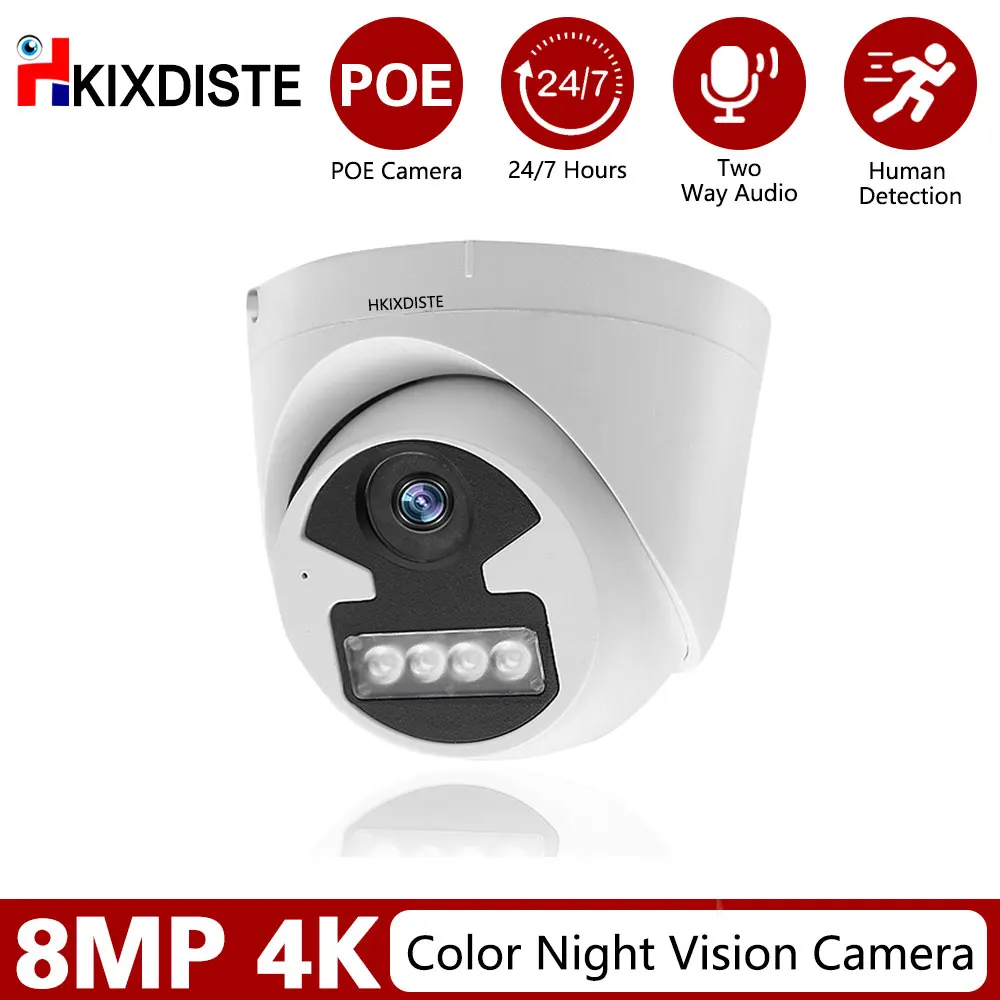 HKIXDISTE 4K POE Security Camera Outdoor Human Detect POE CCTV Video Surveillance Camera HD 8MP Color Night Vision Dome IP Came