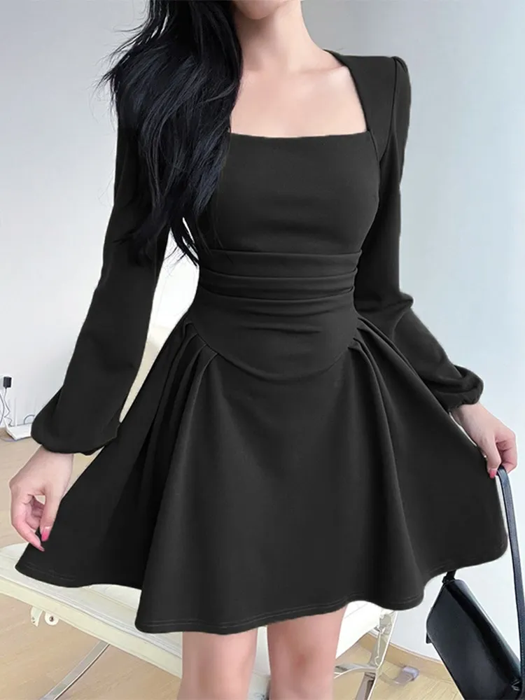 

Beyouare Square Collar Corset A Line Mini Dress Women Folds Puff Sleeve Chic Slim Elegant Casual Female Solid Dresses Fashion