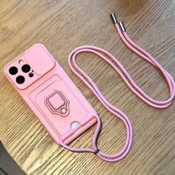 Slide Camera Protection Silicone Case with Ring Stand Holder and Lanyard Cover - iPhone 15 Plus (Pink)